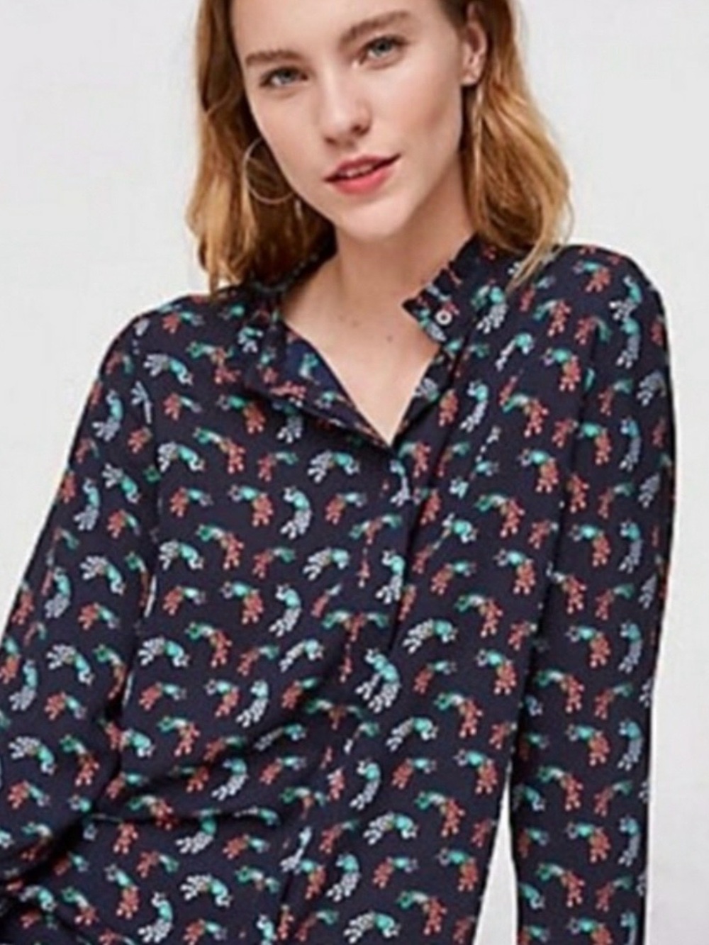 Loft Peacock Ruffle Navy Blue Blouse Sz SP